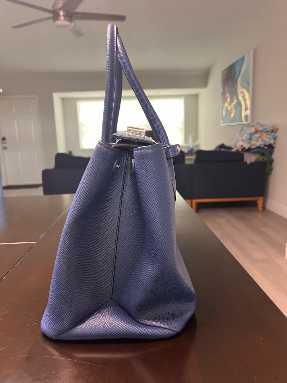 Authentic Prada Saffiano Cuir Turnkey Double Tote Bluette Leather Bag w/ COA - Picture 4 of 16